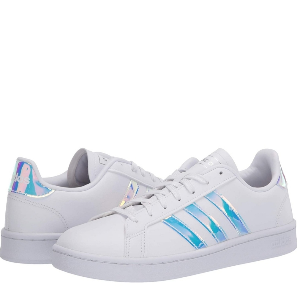 Adidas irredecent and white shoe.